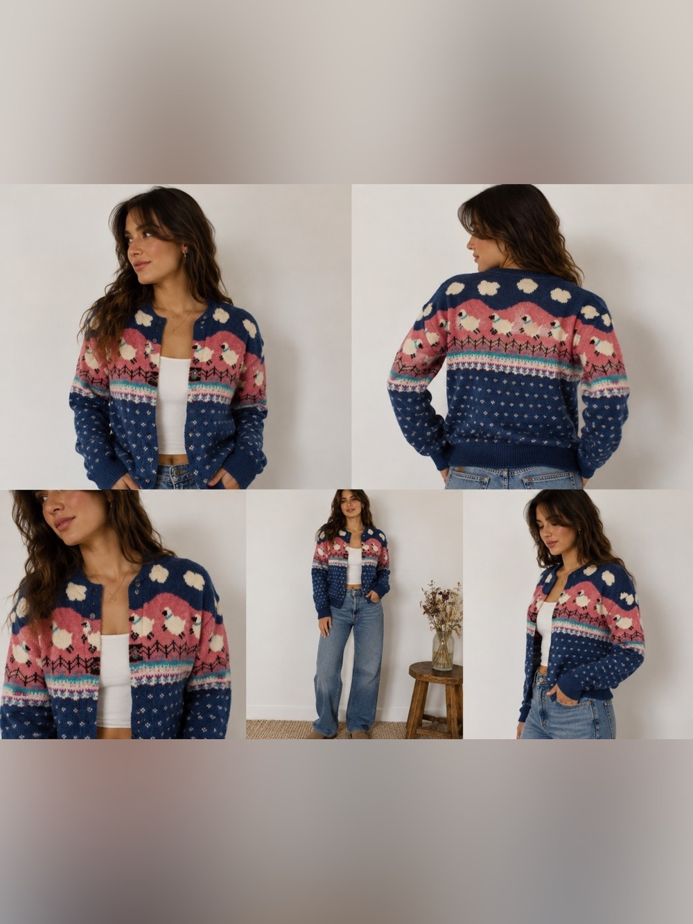 VTG Woolrich Woman Sheep & Clouds 100% Wool Cardigan Sweater - Rare Novelty Knit